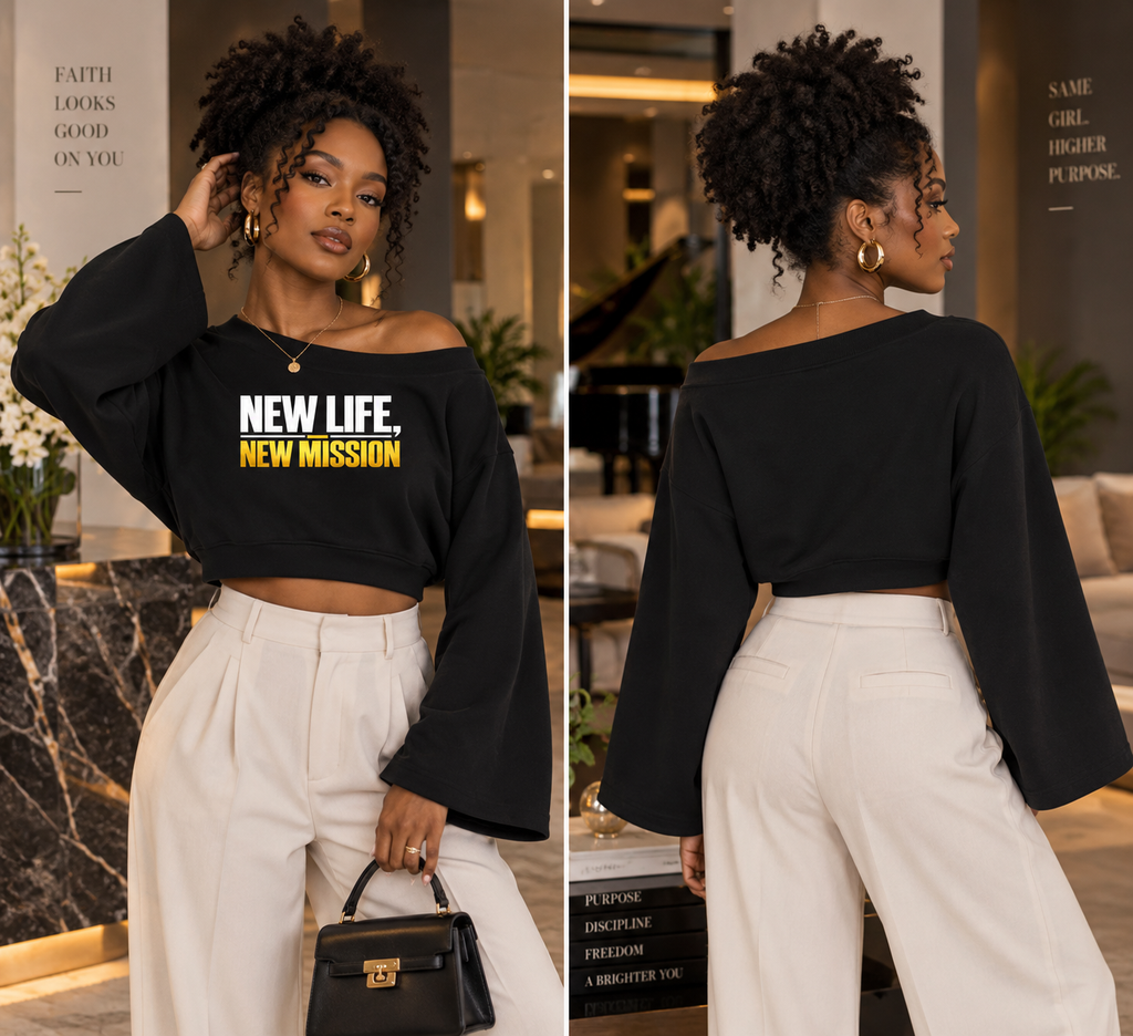 NEW LIFE, NEW MISSION — Women’s Off-Shoulder Sweatshirt