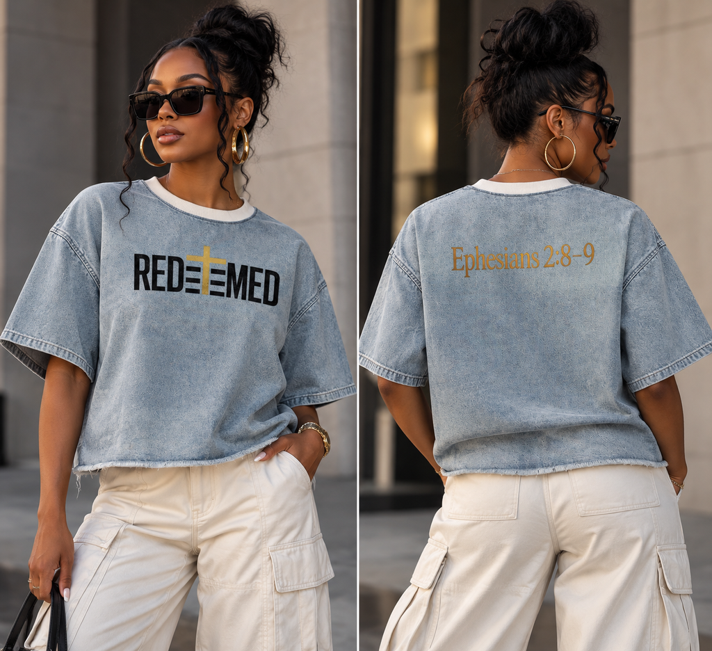 REDEEMED — Unisex Vintage Wash Boxy Raw Hem Denim T-Shirt