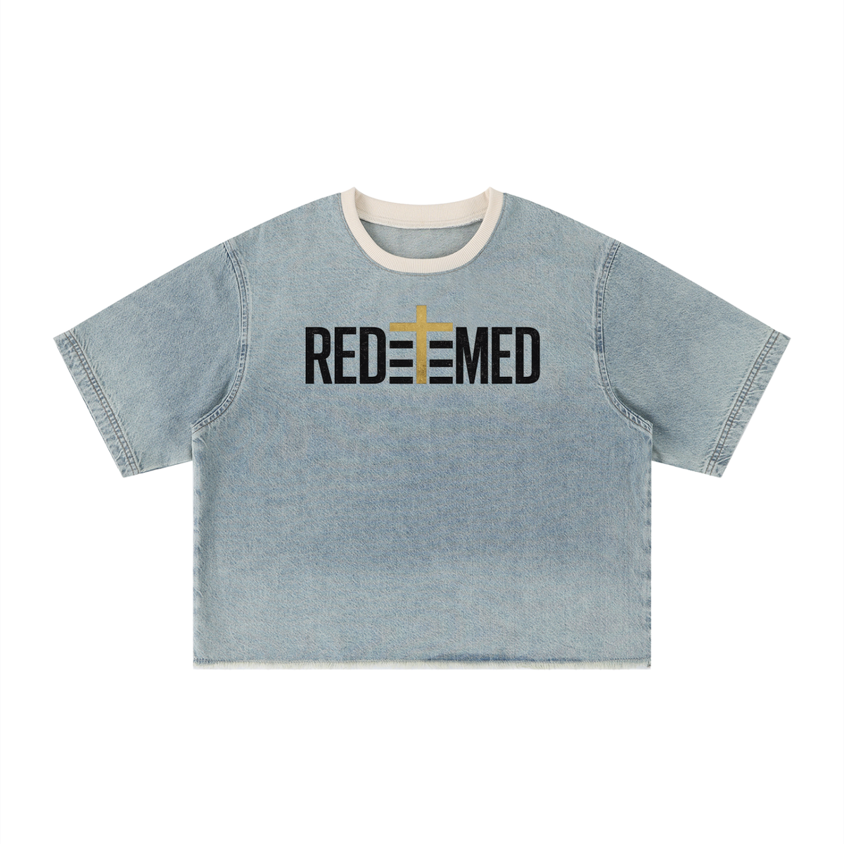 REDEEMED — Unisex Vintage Wash Boxy Raw Hem Denim T-Shirt
