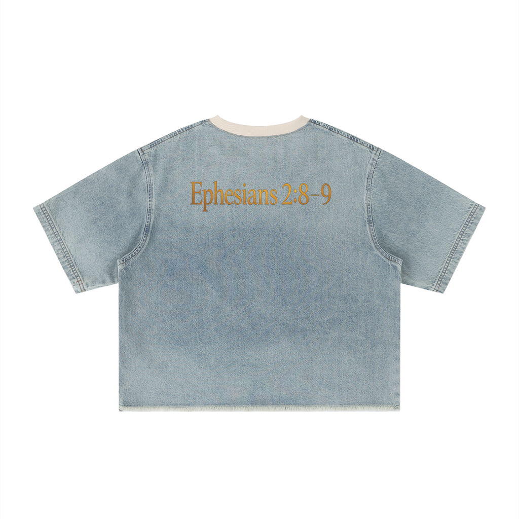 REDEEMED — Unisex Vintage Wash Boxy Raw Hem Denim T-Shirt