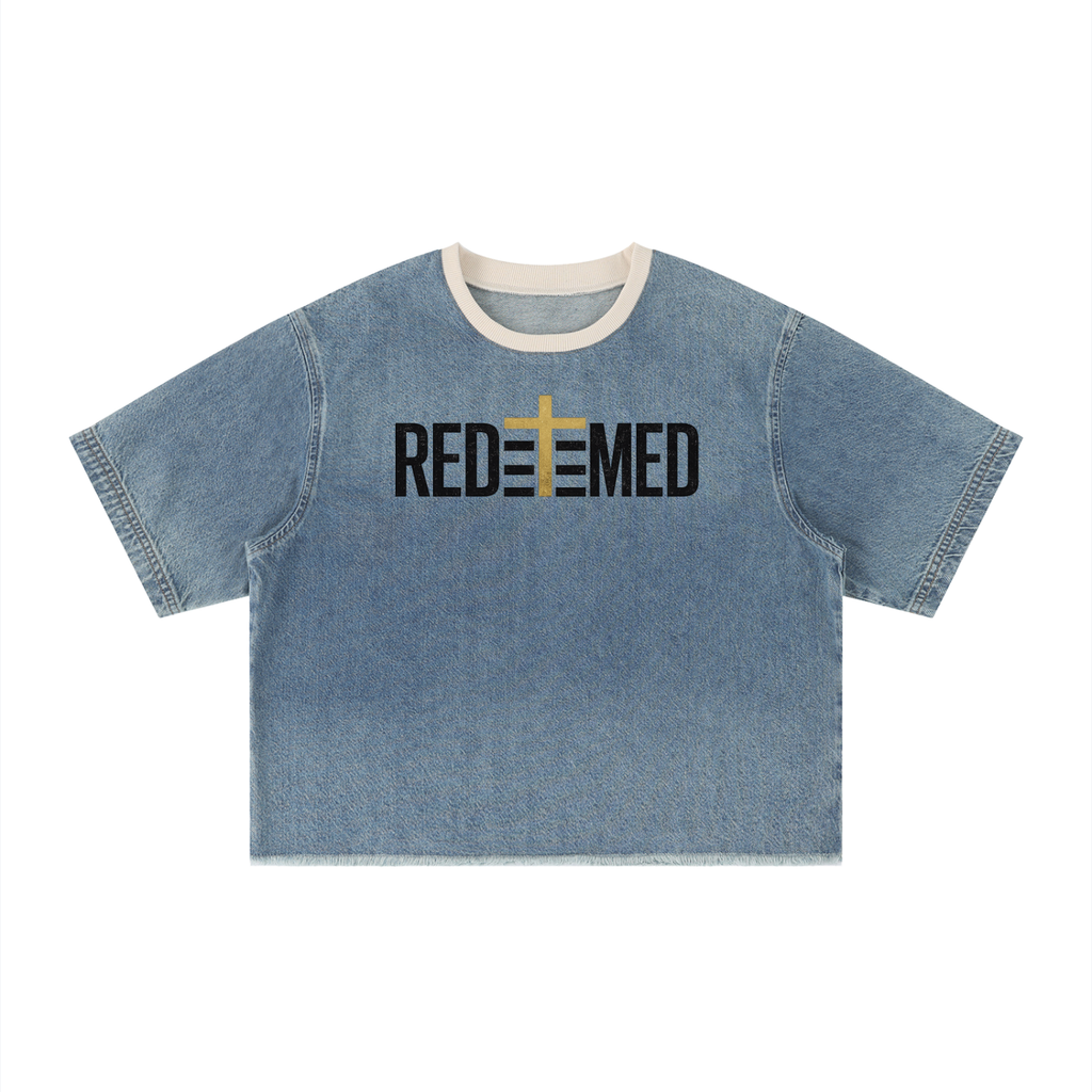 REDEEMED — Unisex Vintage Wash Boxy Raw Hem Denim T-Shirt