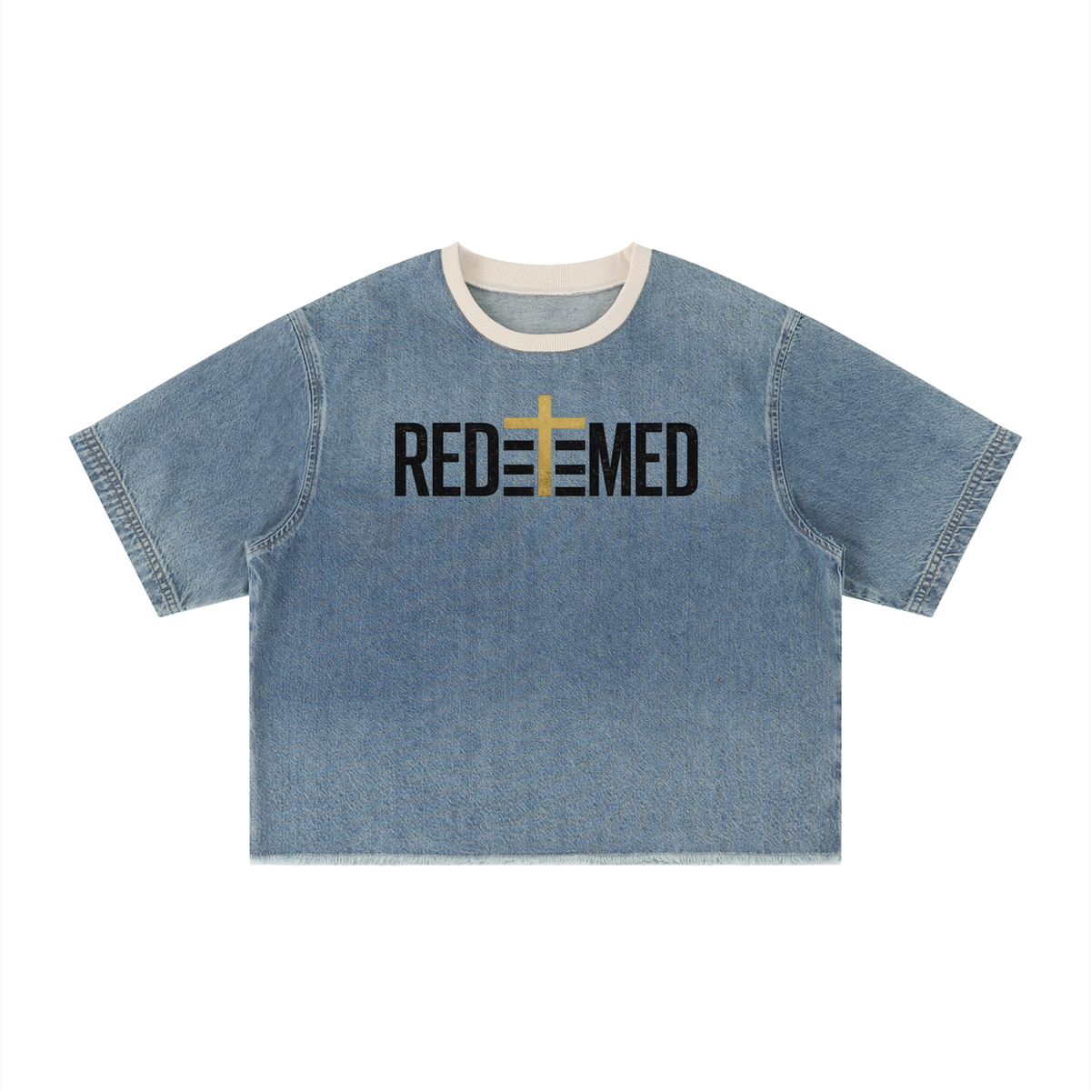 REDEEMED — Unisex Vintage Wash Boxy Raw Hem Denim T-Shirt