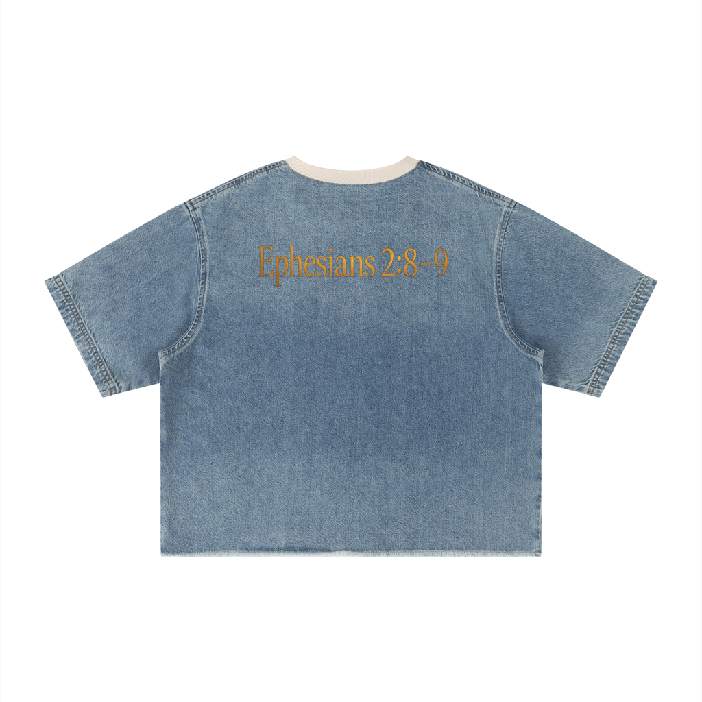 REDEEMED — Unisex Vintage Wash Boxy Raw Hem Denim T-Shirt