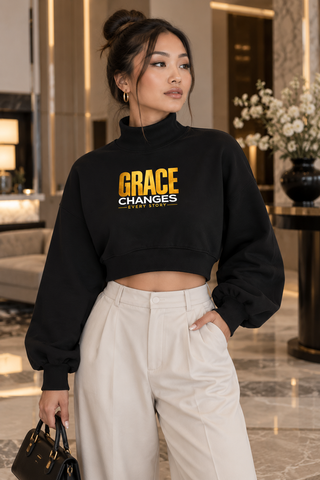 GRACE CHANGES EVERY STORY — Women’s Crop Mock Neck Sweatshirt